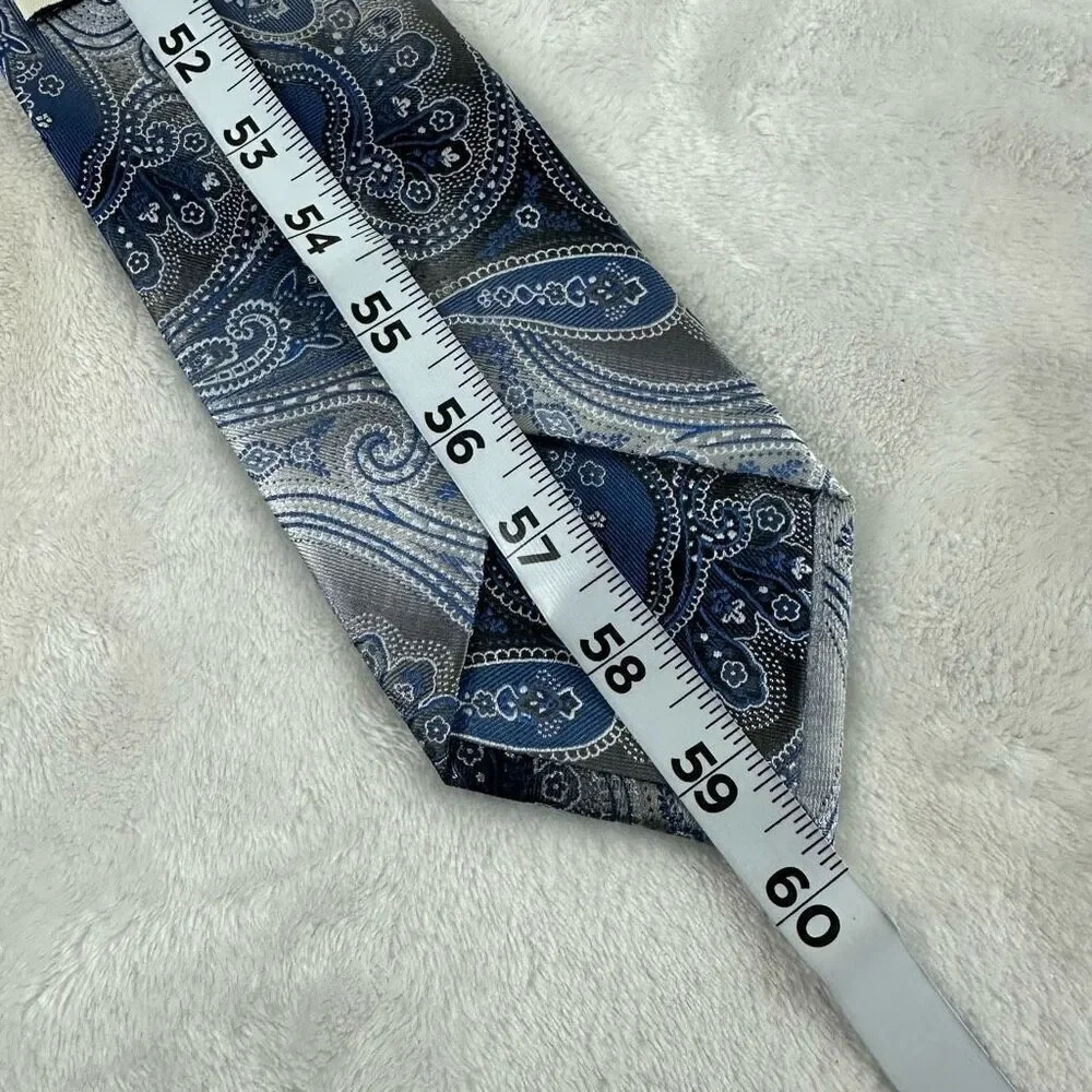 Pronto Uomo Men's 100% Silk Paisley Print Necktie Blue Gray Silver Dressy Wester